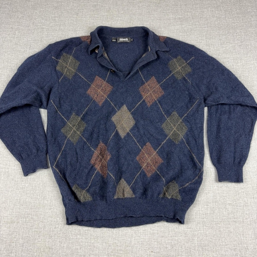 Ashworth Sweater Mens Large Blue Argyle Henley Wool Angora Made Scotland